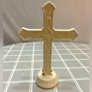 9” Beige Ceramic Decorative Avon Easter Lily Cross Floral Design Religious Gift